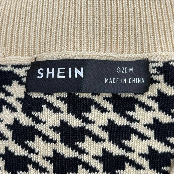 Black Tan Houndstooth V Neck Sweater Shein Sz M Long Sleeve Stretch Viscose - Picture 6 of 8